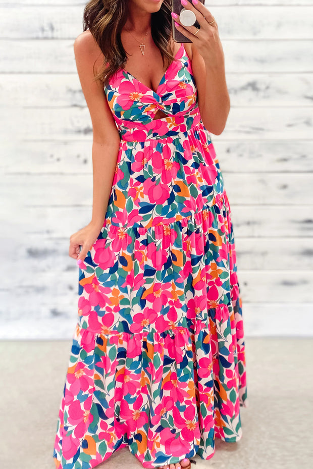 Rose Floral Twisted Smocked Back Tiered Maxi Dress