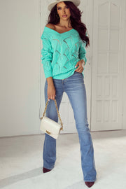 Mint Green Hollow Out Knit V Neck Drop Shoulder Sweater