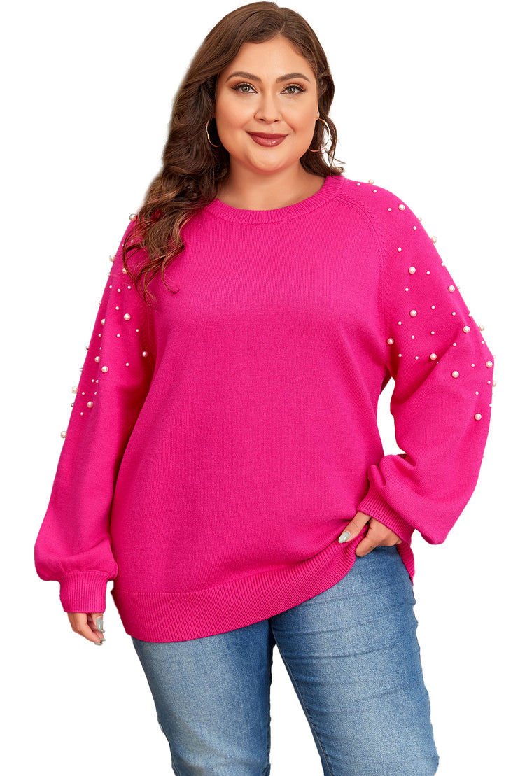 Strawberry Pink Pearled Decor Raglan Sleeve Plus Size Sweater