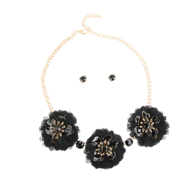 Black Fabric Flower Necklace Set