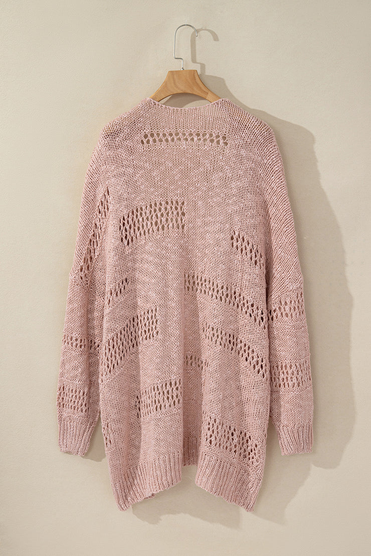 Pink Casual Hollowed Knit Dolman Sleeve Cardigan