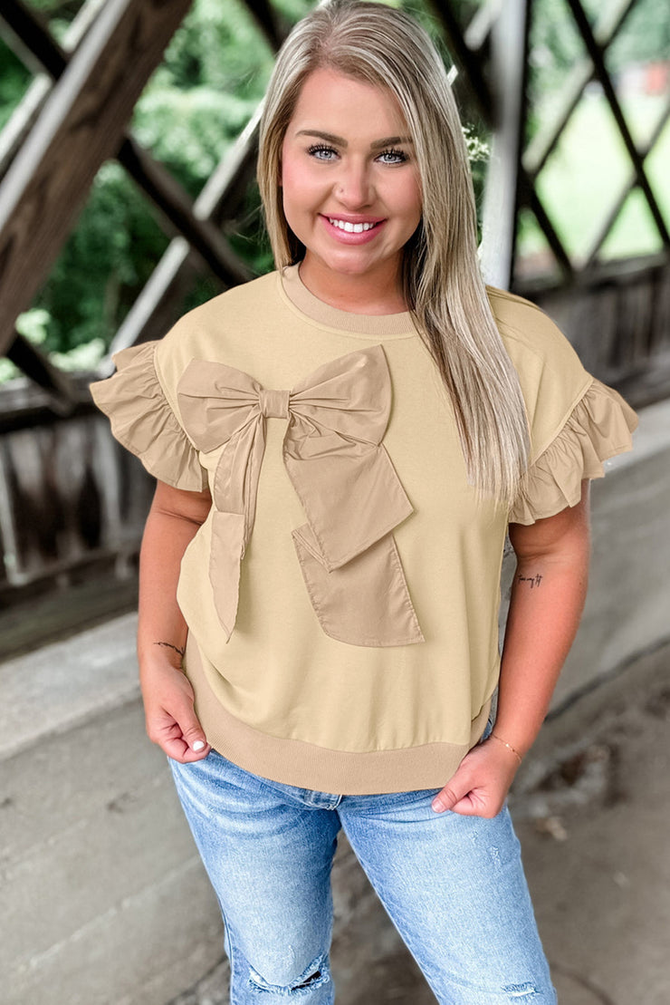 Parchment Ruffled Short Sleeve Bowknot Applique Crew Neck Plus Size Top