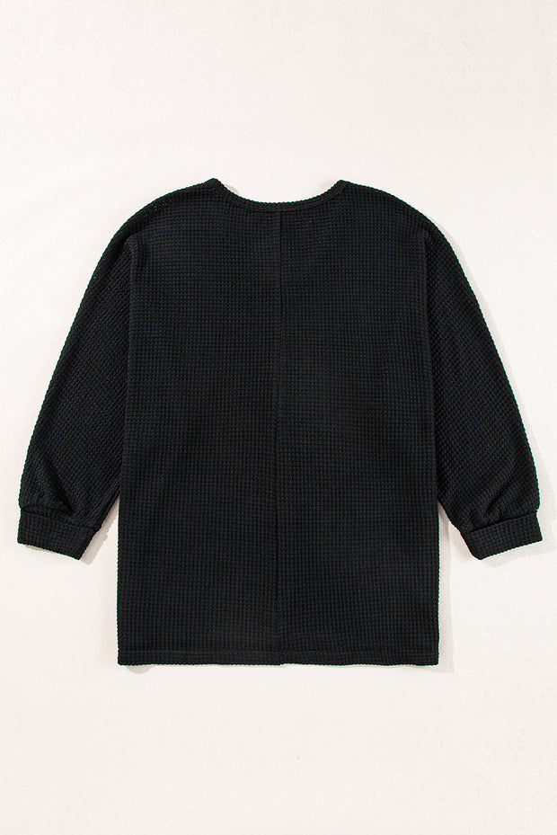 Black Waffle Knit Side Slits Loose Fit V Neck Top