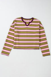 Spinach Green Clashing Stripes Waffle Texture Notched Neck Long Sleeve Top