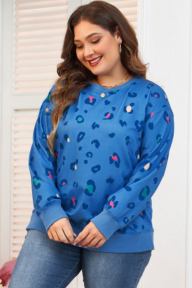 Sky Blue Leopard Ribbed Edge Drop Shoulder Pullover Sweatshirt