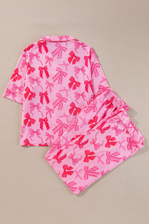 Pink Bow Knot Print Lapel Collar Short Sleeve and Pants Pajamas Set