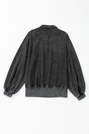 Black Solid Snap Buttons Collared Balloon Sleeve Oversized Sweatshirt