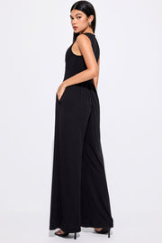 Black Cinched Waist Sleeveless Wide Leg Jumpsuit