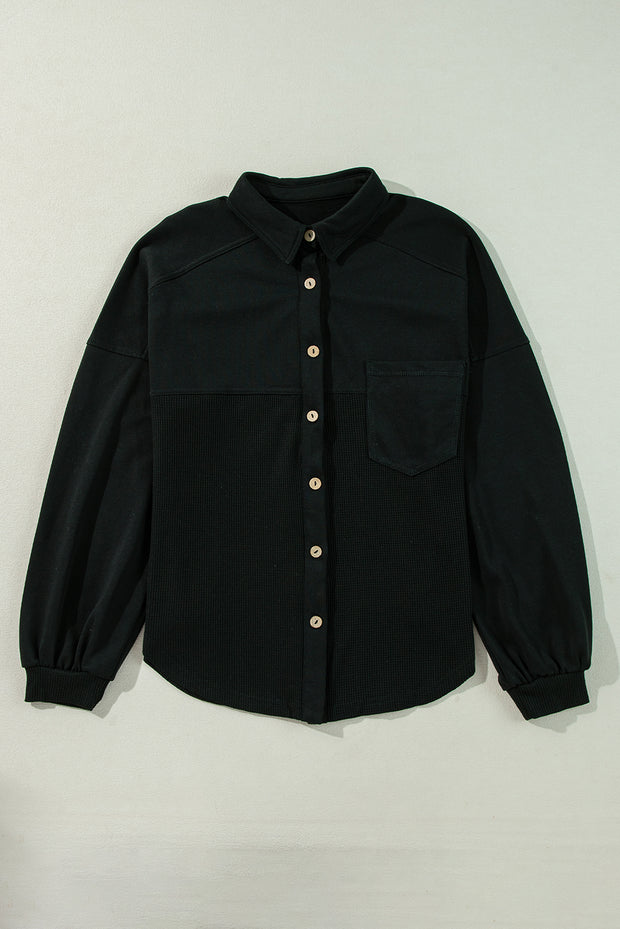 Black Waffle Knit Patchwork Buttoned Oversized Shacket