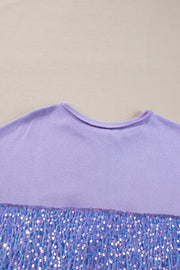 Lilac Sequin Patchwork High Low Hem Henley Sweatshirt