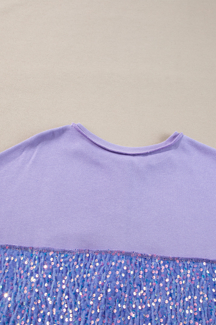 Lilac Sequin Patchwork High Low Hem Henley Sweatshirt