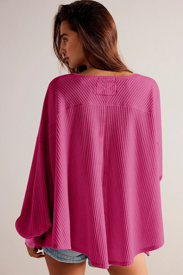 Bright Pink Waffle V Neck Long Sleeve Drop Shoulder Loose Blouse