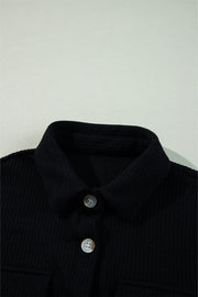 Black Solid Color Corduroy Buttoned Long Sleeve Shacket