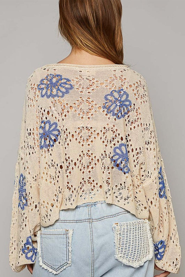 Beige Contrast Flower Print Eyelet Drop Shoulder Sweater