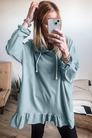 Iceland Blue Solid Ruffled Hem Loose Fit Tunic Hoodie