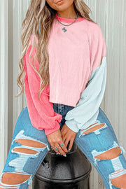 Pink Corded Colorblock Patchwork Drop Shoulder Long Sleeve Top