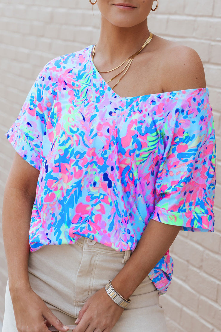 Sky Blue Loose Painted Floral Tee