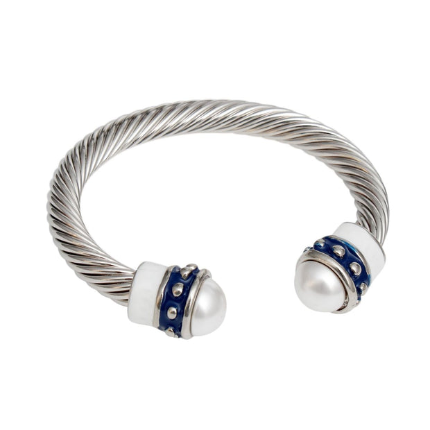 ZPB Blue White Thick Cable Classic Silver Bangle