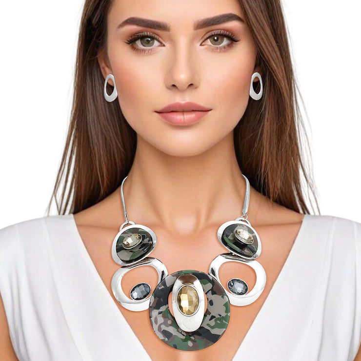 Necklace Silver Camo Circular Bib for Women