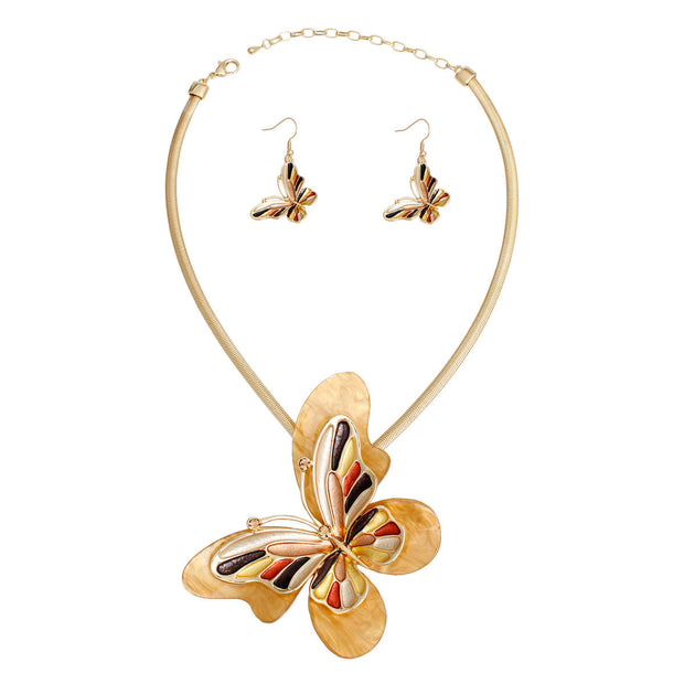 Necklace Brown Butterfly 3D Pendant Set for Women