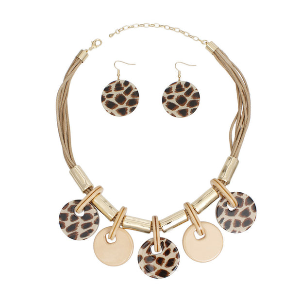 Necklace Brown Cord Leopard Disc Set for Women