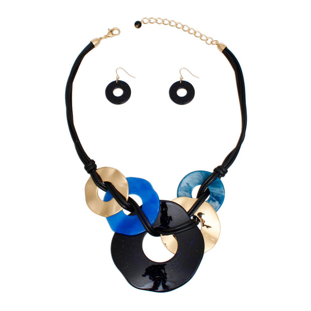 Necklace Black Cord Blue Rings Set for Women