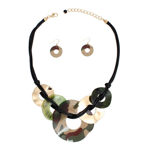 Necklace Black Cord Camo Rings Set for Women