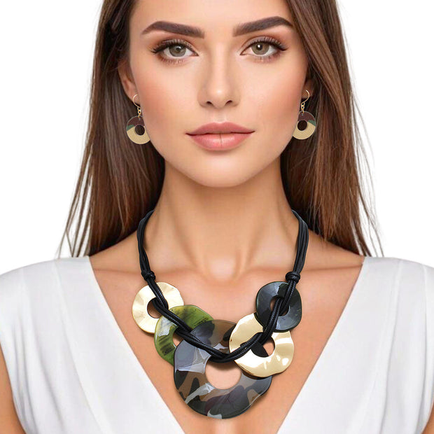 Necklace Black Cord Camo Rings Set for Women