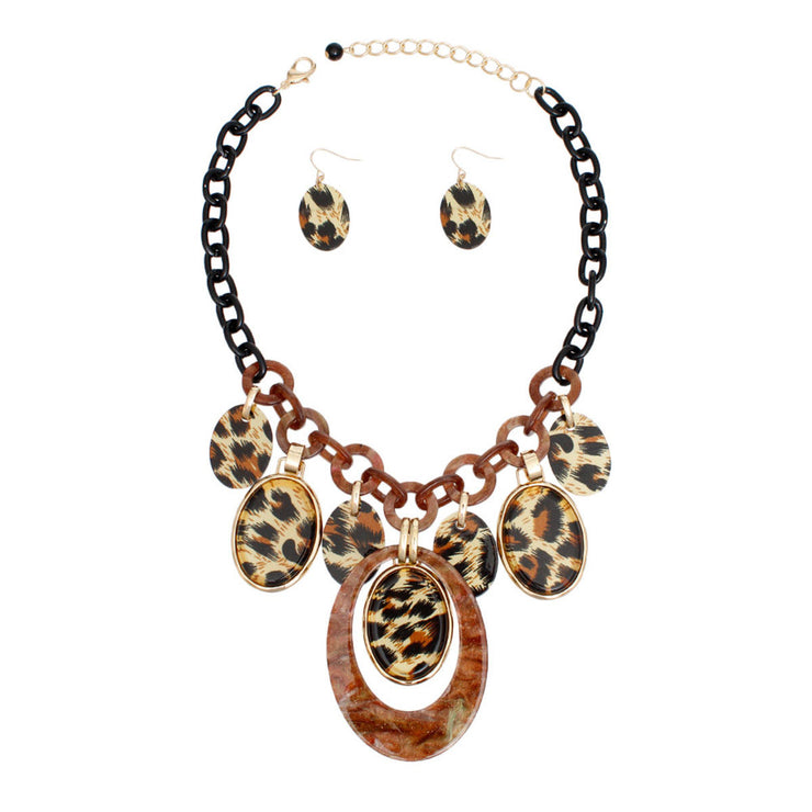 Necklace Brown Leopard Oval Swirled Set for Women