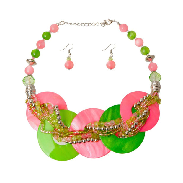 Pink and Green Beaded Disc Necklace Set