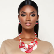 Red and White Beaded Disc Necklace Set