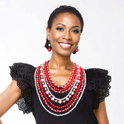 Red White Pearl 8 Strand DST Necklace Set|20 inches