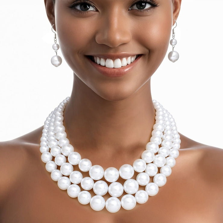 Pearl Necklace White 3 Strand Set for Women