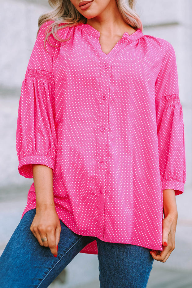 Pink 3/4 Sleeves Dotted Print Loose Shirt