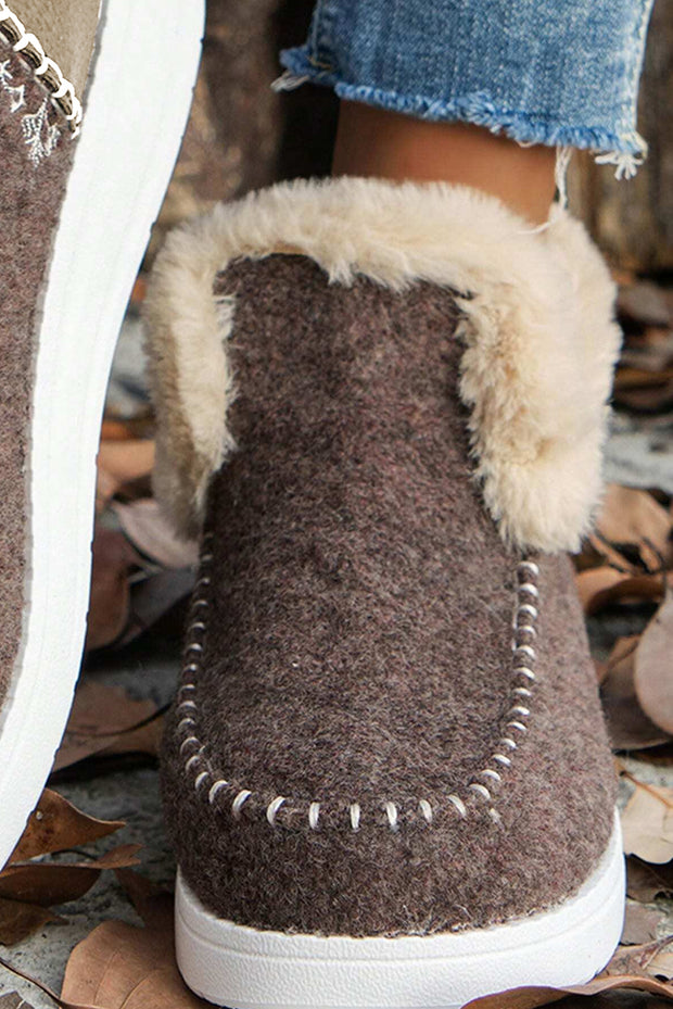 Beige Suede Stitching Patchwork Plush Lined Anklet Boots