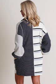 Black Stripe Colorblock Knit Henley Collar Shift Long Sleeve Mini Dress