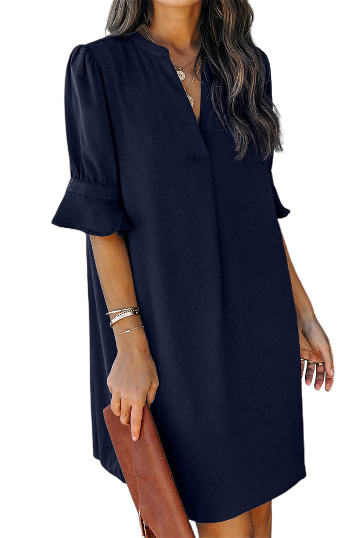 Blue Ruffled Sleeve Shift Dress