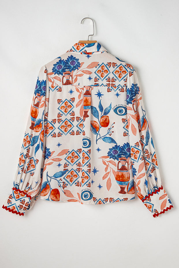 Multicolour Western Printed Ric Rac Bishop Sleeve Button Up Shirt