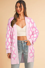 Pink Rhombus Pattern Knit Open Front Pocketed Cardigans