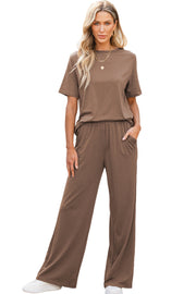 Smoke Gray Solid Color T Shirt 2pcs Wide Leg Pants Set