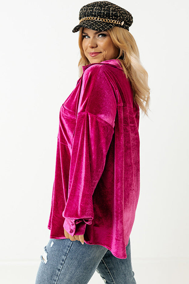 Bright Pink Plus Size Velvet Chest Pocket Drop Shoulder Shirt