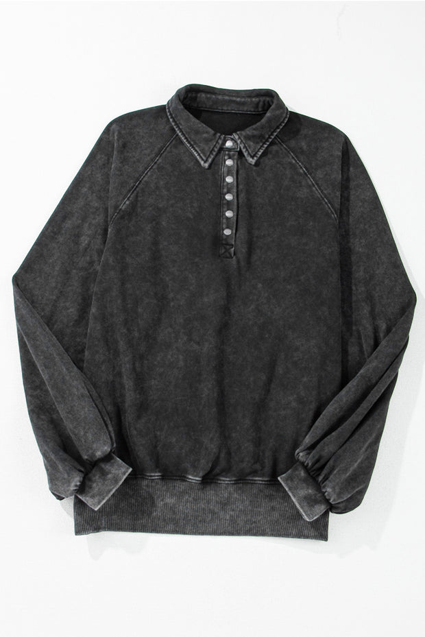 Black Solid Snap Buttons Collared Balloon Sleeve Oversized Sweatshirt