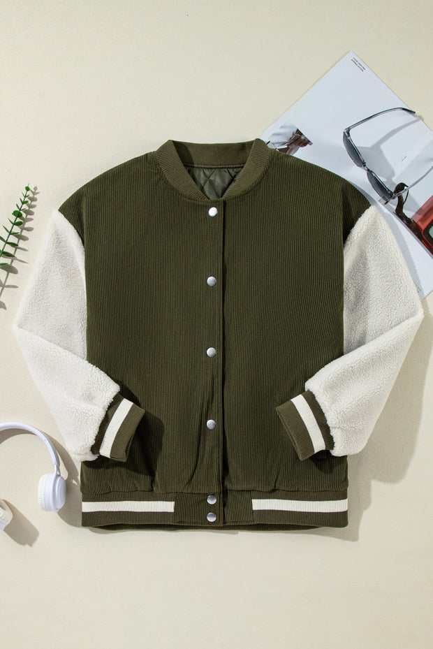 Mist Green Corduroy Fleece Patchwork Buttoned Bomber Jacket