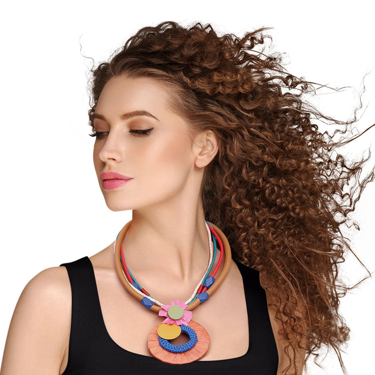 Multicolored Raffia Pendant Necklace Set