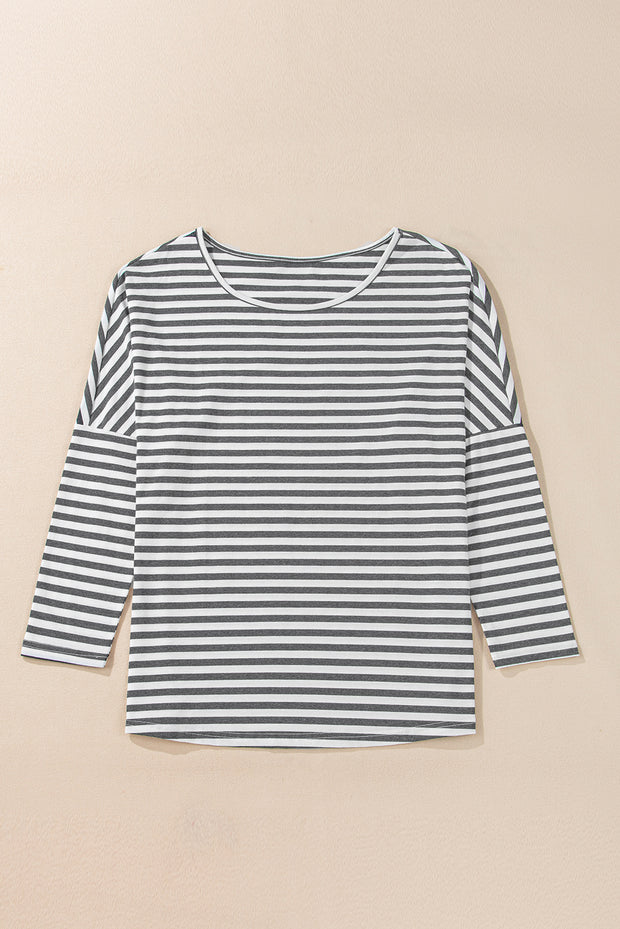 Gray Stripe Drop Sleeve Round Neck Oversized Long Sleeve Top