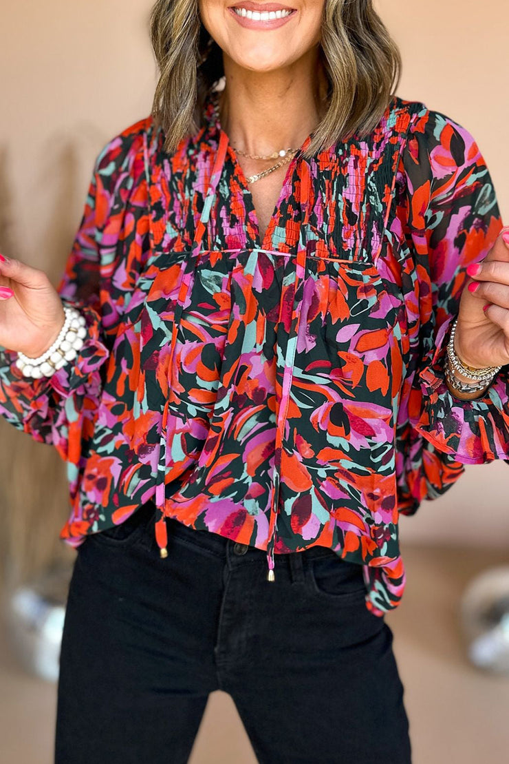 Red Dahlia Abstract Floral Shirred Detail Puff Sleeve Blouse