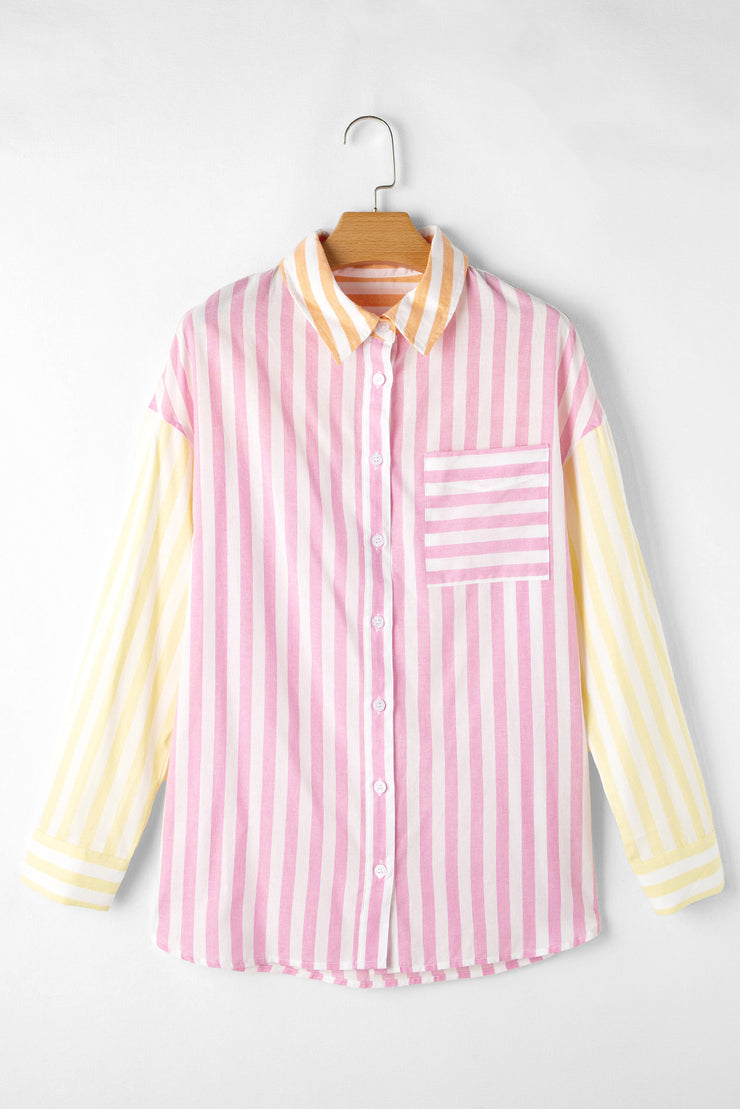 Pink Stripe Contrast Collar Long Sleeve Patchwork Shirt