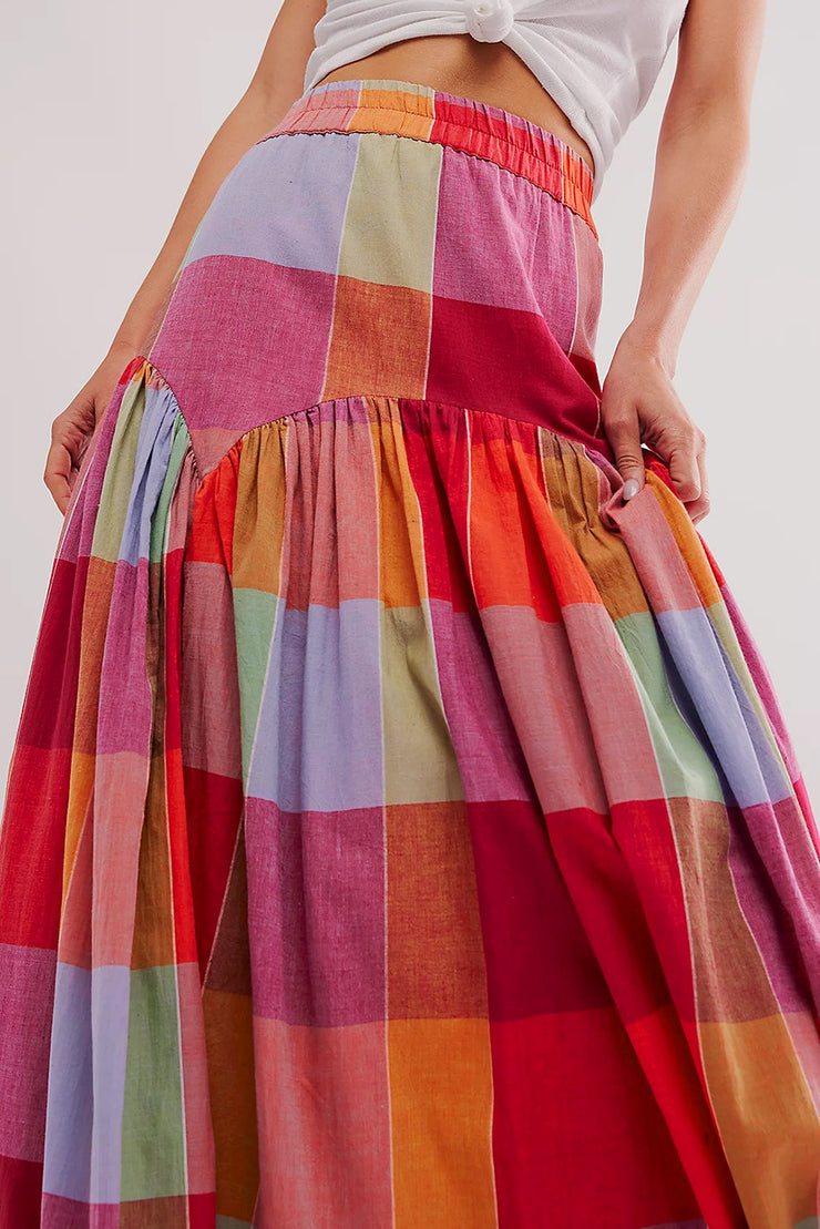 Multicolour Plaid Print Ruched High Waist Casual Maxi Skirt