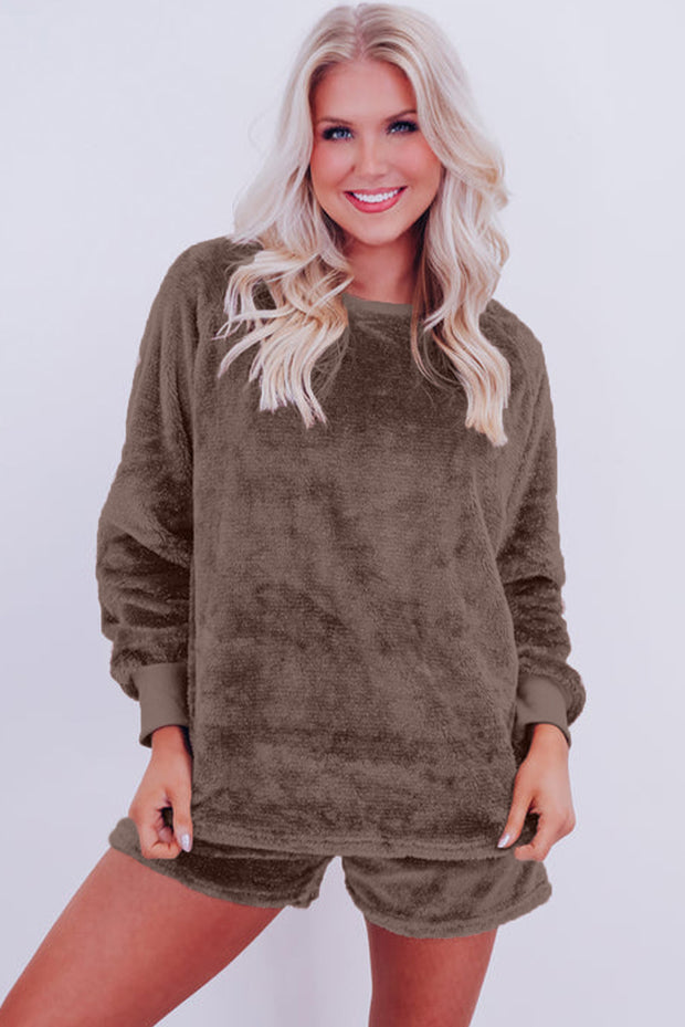 Coffee Solid Loose Fit Two Piece Fleece Lounge Set