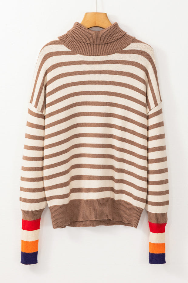 Brown Stripe Colorblock Bishop Sleeve Turtleneck Sweater